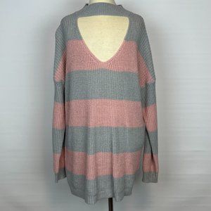 No Comment Pink & Gray Striped Pullover Sweater Long Sleeved Top ((size Large))